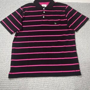 Knights of Round Table Polo Shirt Large Black Pink Striped Y2K Indie Retro